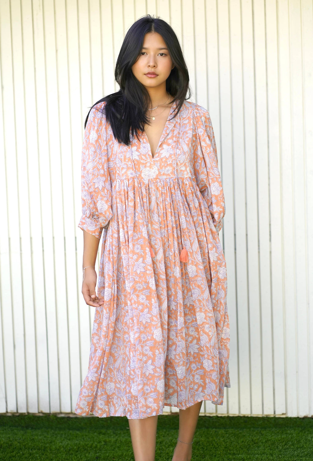 Mylah Midi Dress Block Printed Coral (Apricot)