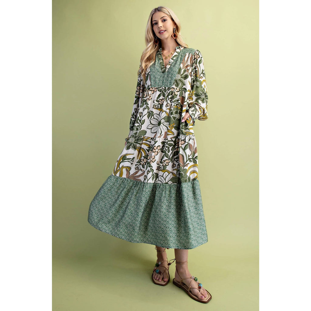 Mixed Print V-Neck Long Sleeve Tiered Midi Dress