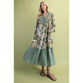 Mixed Print V-Neck Long Sleeve Tiered Midi Dress