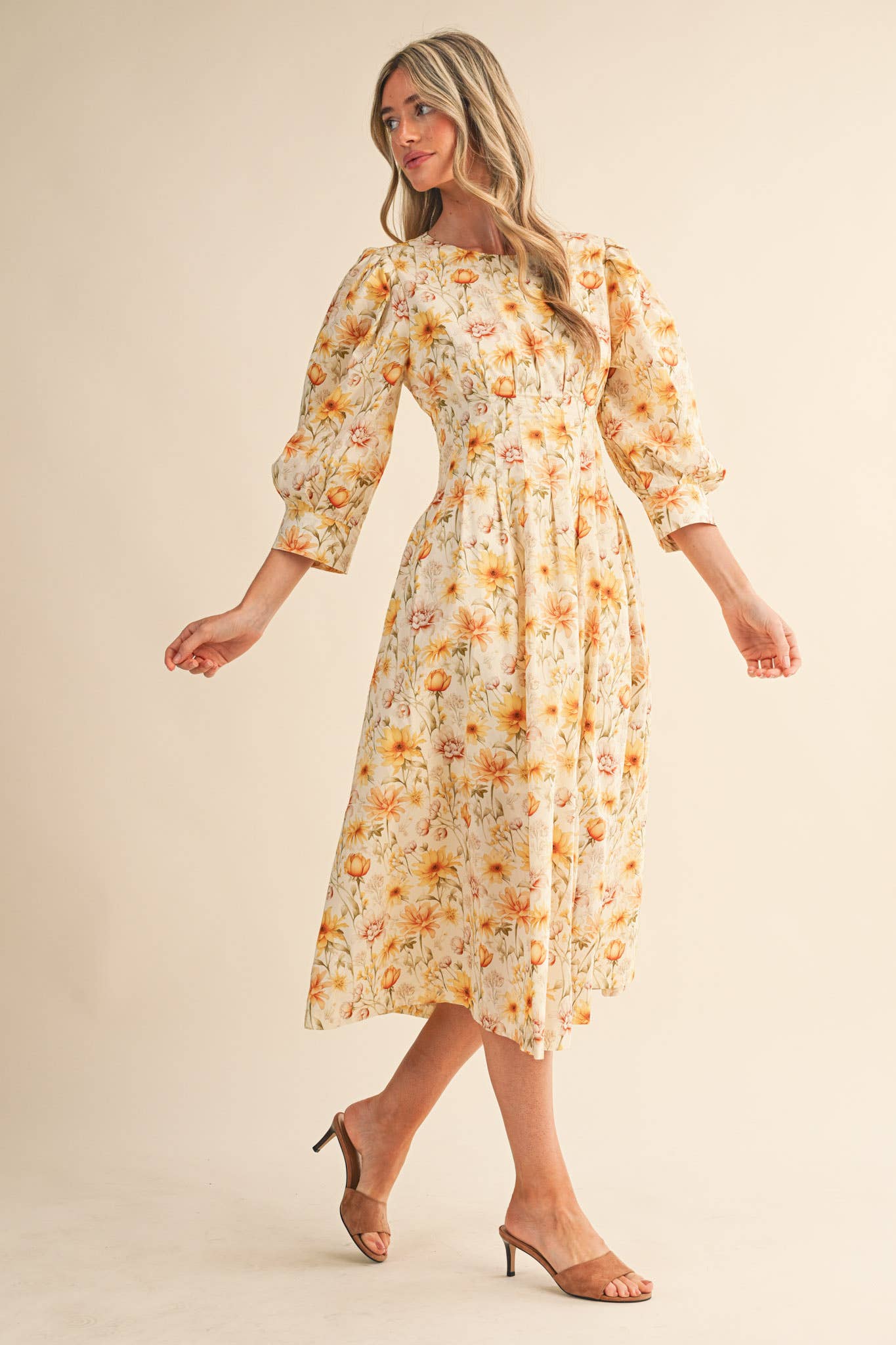 FLORAL PRINT PLEATED WAIST MIDI DRESS MDR4477