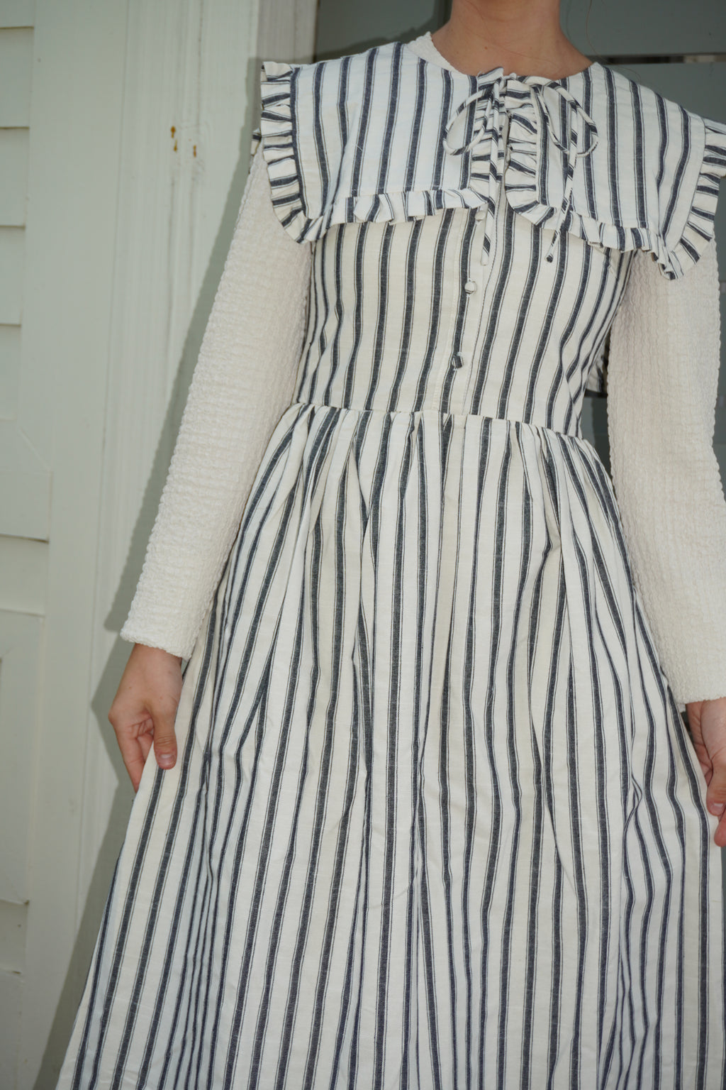 Striped Ruffled Square Collar Front Tie Midi Dress