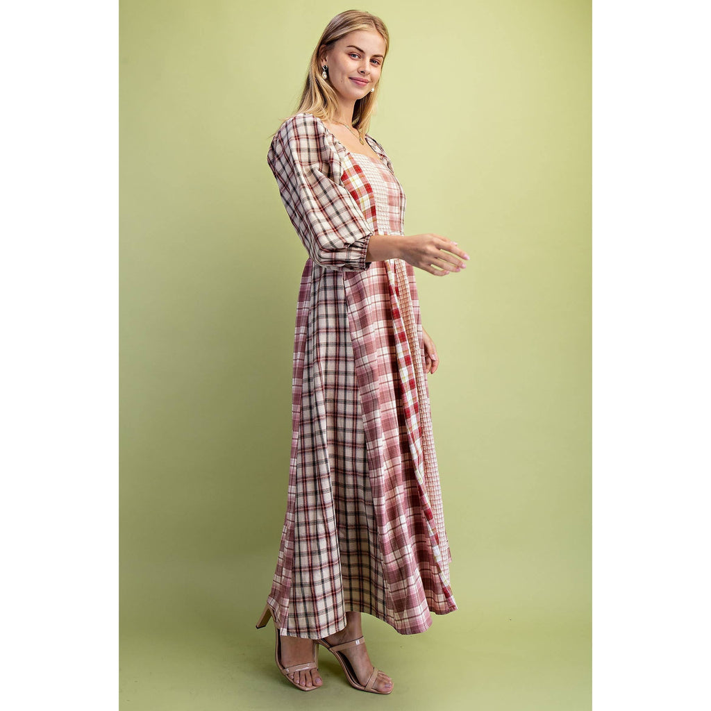 Western Mixed Plaid 3 Quarter Sleeve Midi Dress