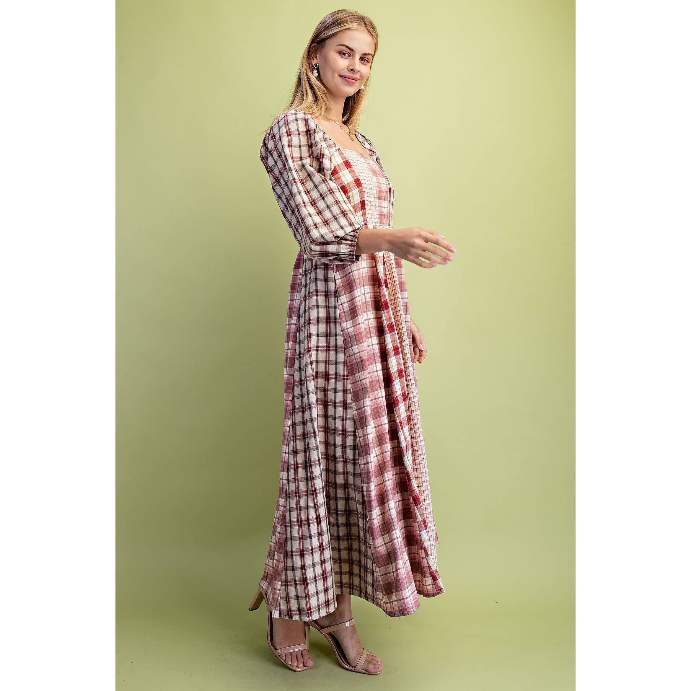 Western Mixed Plaid 3 Quarter Sleeve Midi Dress