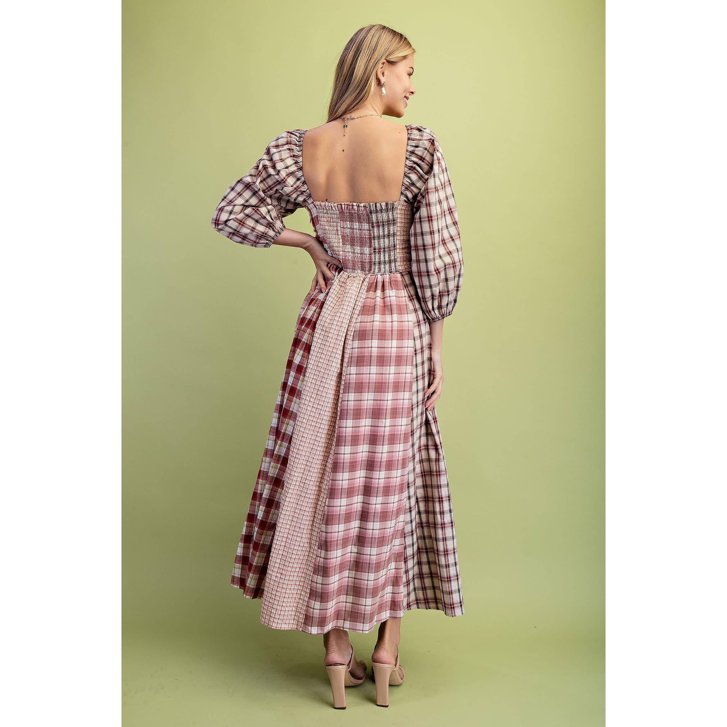 Western Mixed Plaid 3 Quarter Sleeve Midi Dress