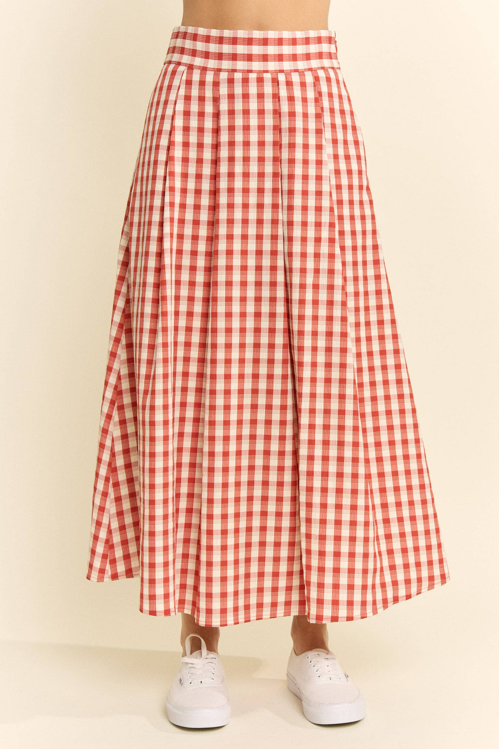 GINGHAM CHECK PLEATED MIDI SKIRT