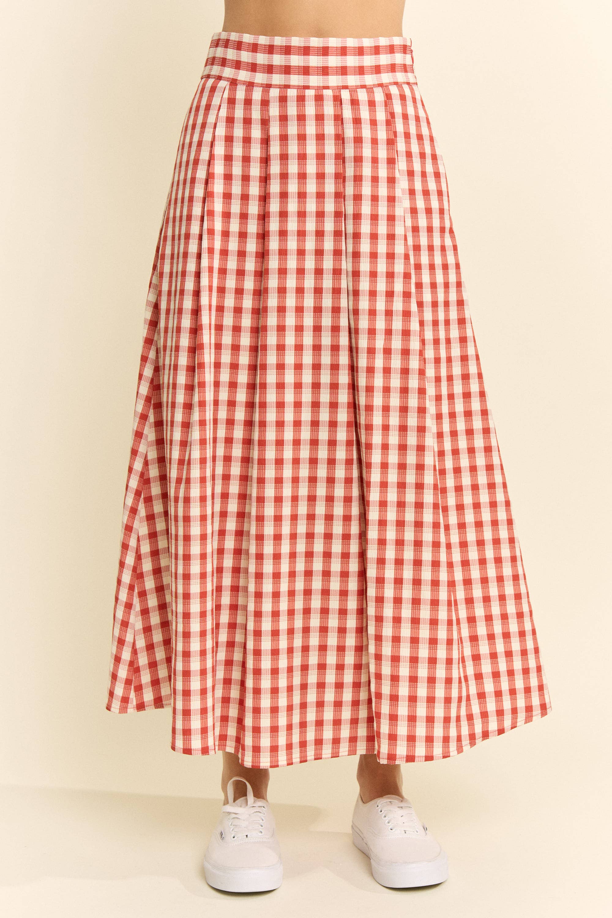 GINGHAM CHECK PLEATED MIDI SKIRT