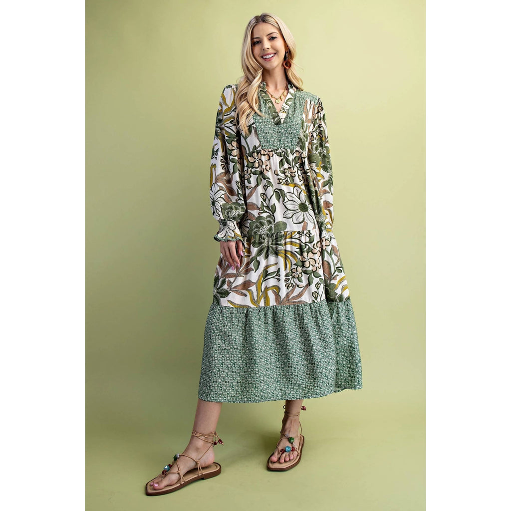 Mixed Print V-Neck Long Sleeve Tiered Midi Dress