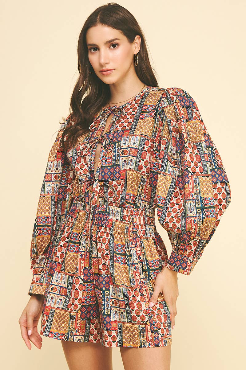 PATCHWORK PRINT TIE-DETAILED BLOUSE TOP - 6785TA