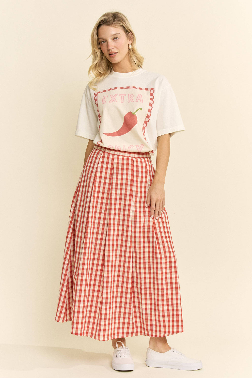 GINGHAM CHECK PLEATED MIDI SKIRT