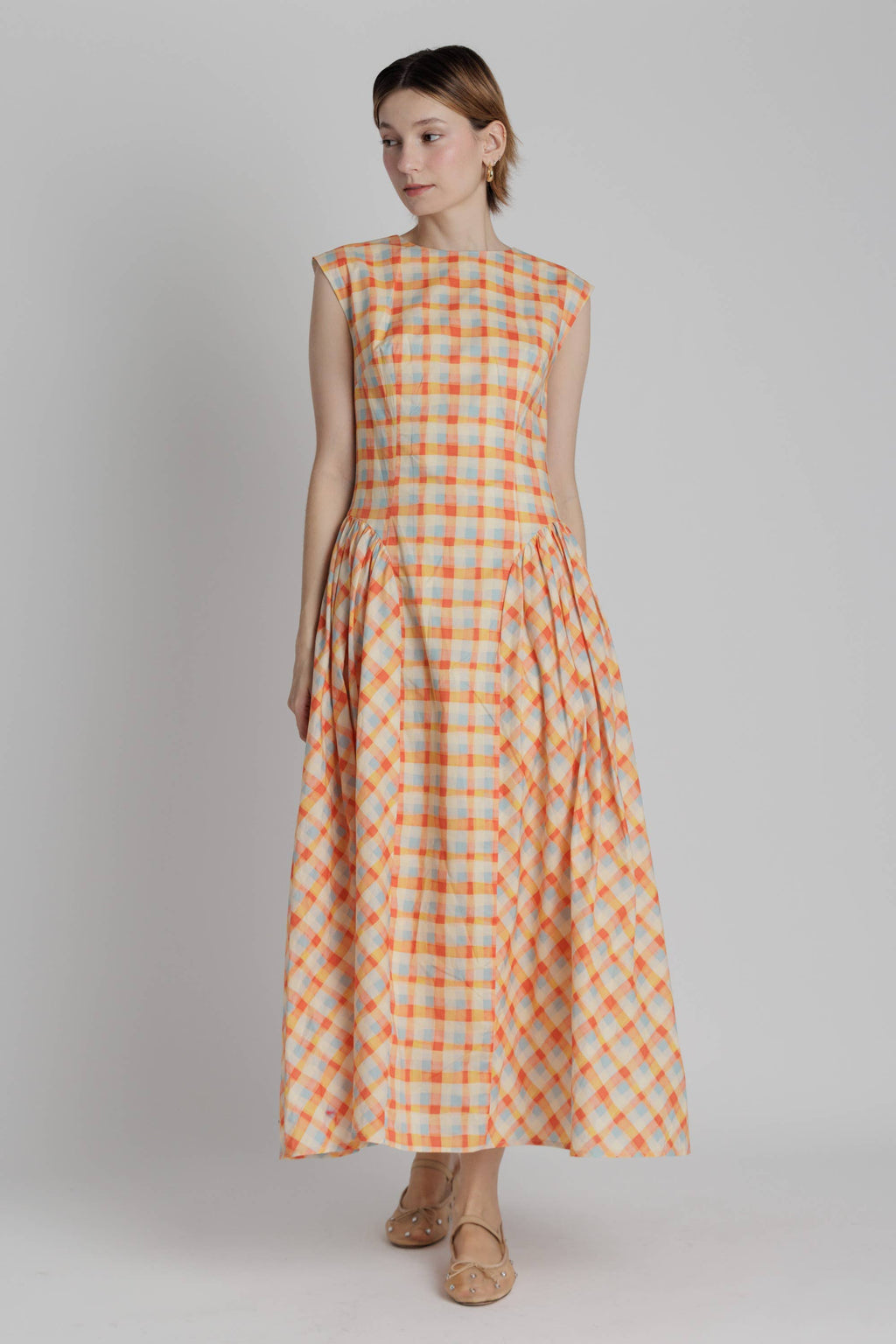 BASQUE WAIST PLAID MIDI DRESS