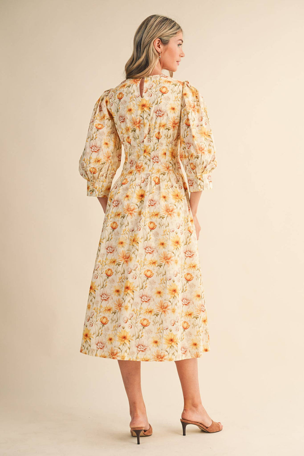 FLORAL PRINT PLEATED WAIST MIDI DRESS MDR4477