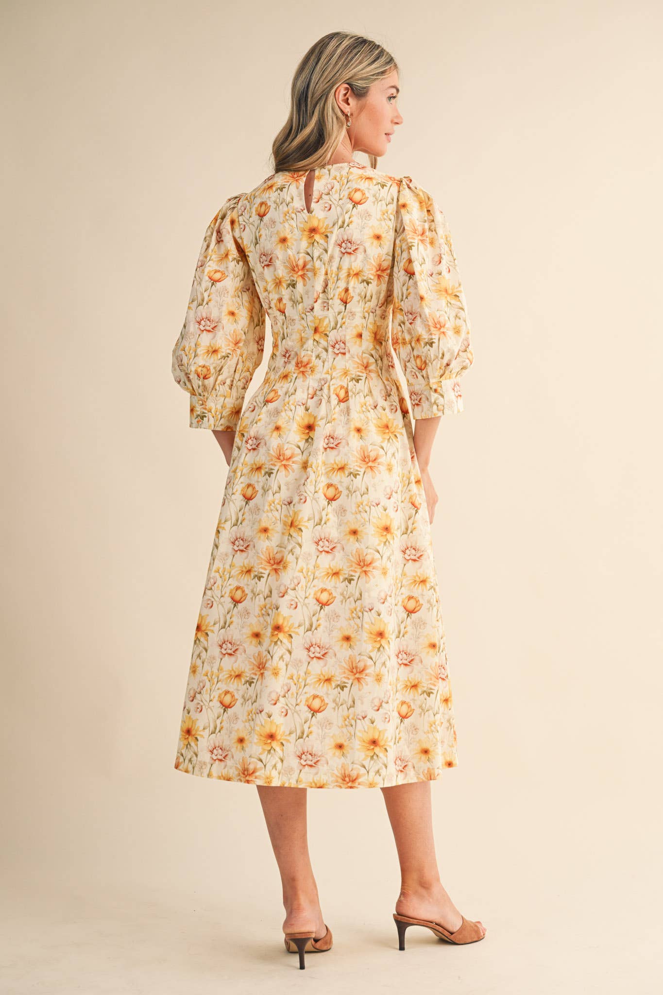FLORAL PRINT PLEATED WAIST MIDI DRESS MDR4477