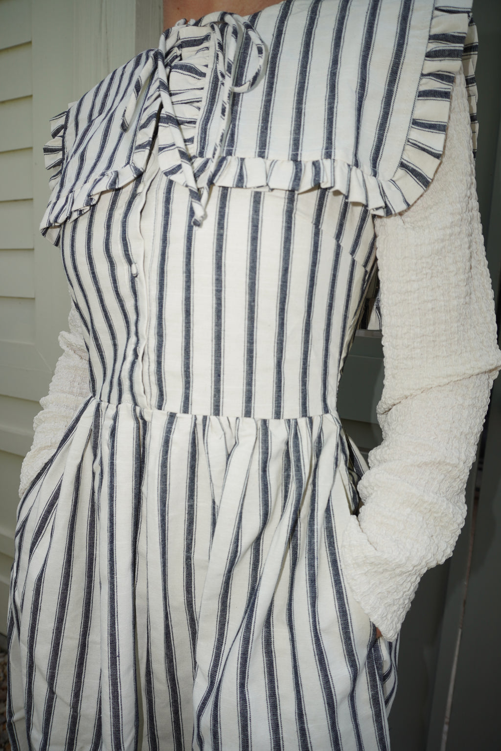 Striped Ruffled Square Collar Front Tie Midi Dress