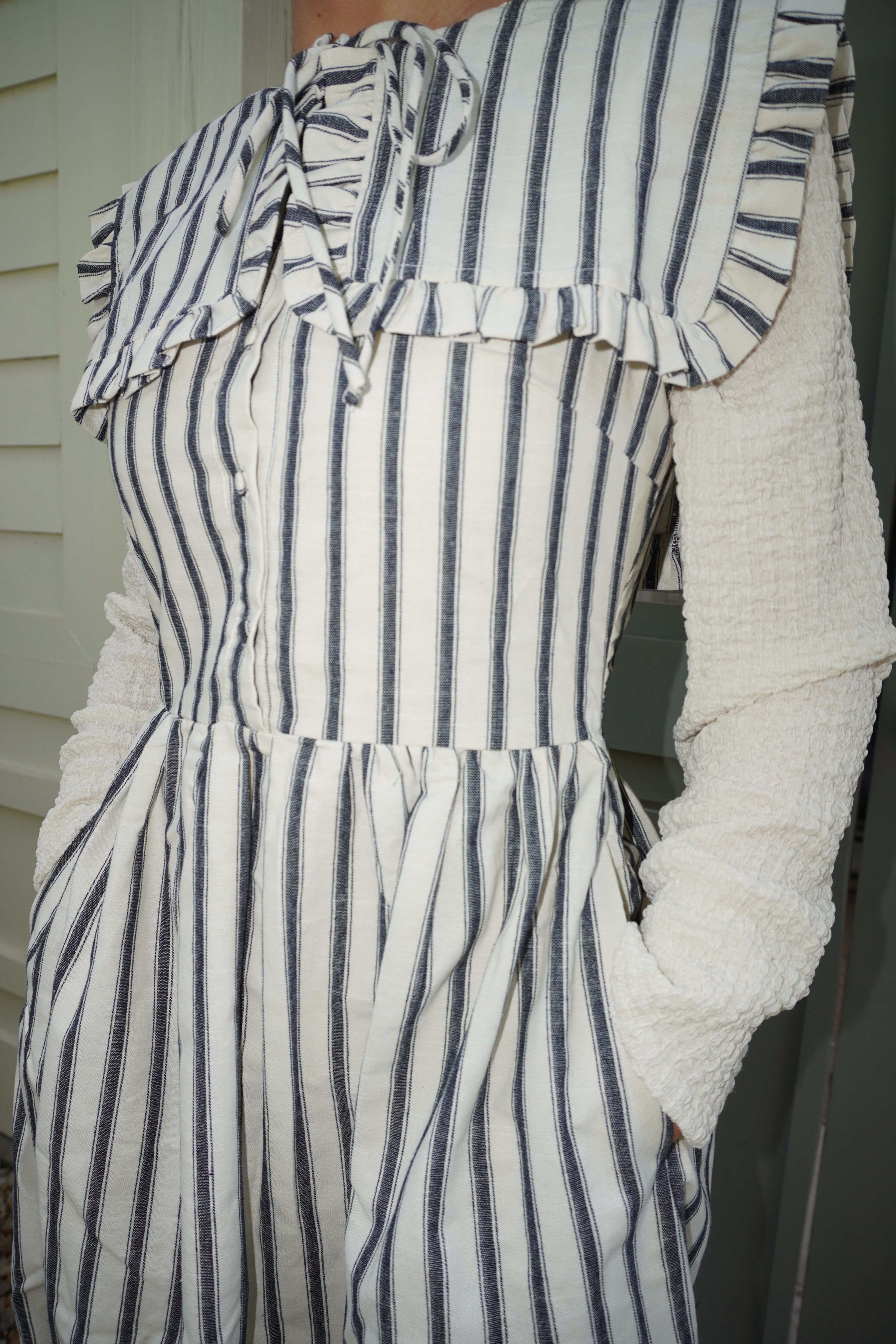 Striped Ruffled Square Collar Front Tie Midi Dress