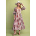 Western Mixed Plaid 3 Quarter Sleeve Midi Dress