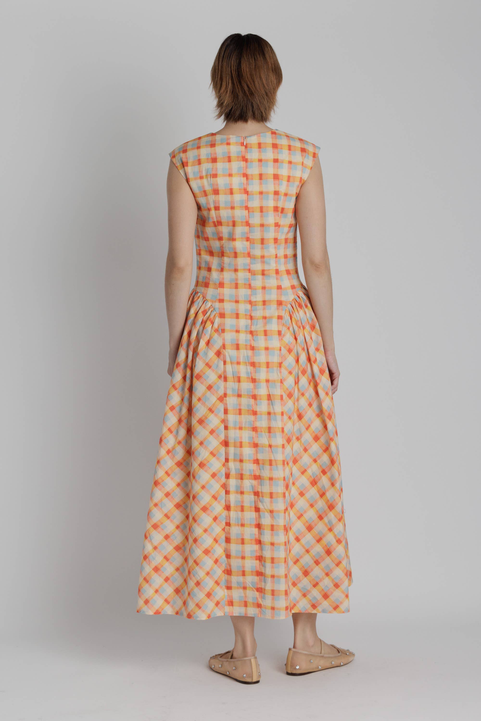 BASQUE WAIST PLAID MIDI DRESS