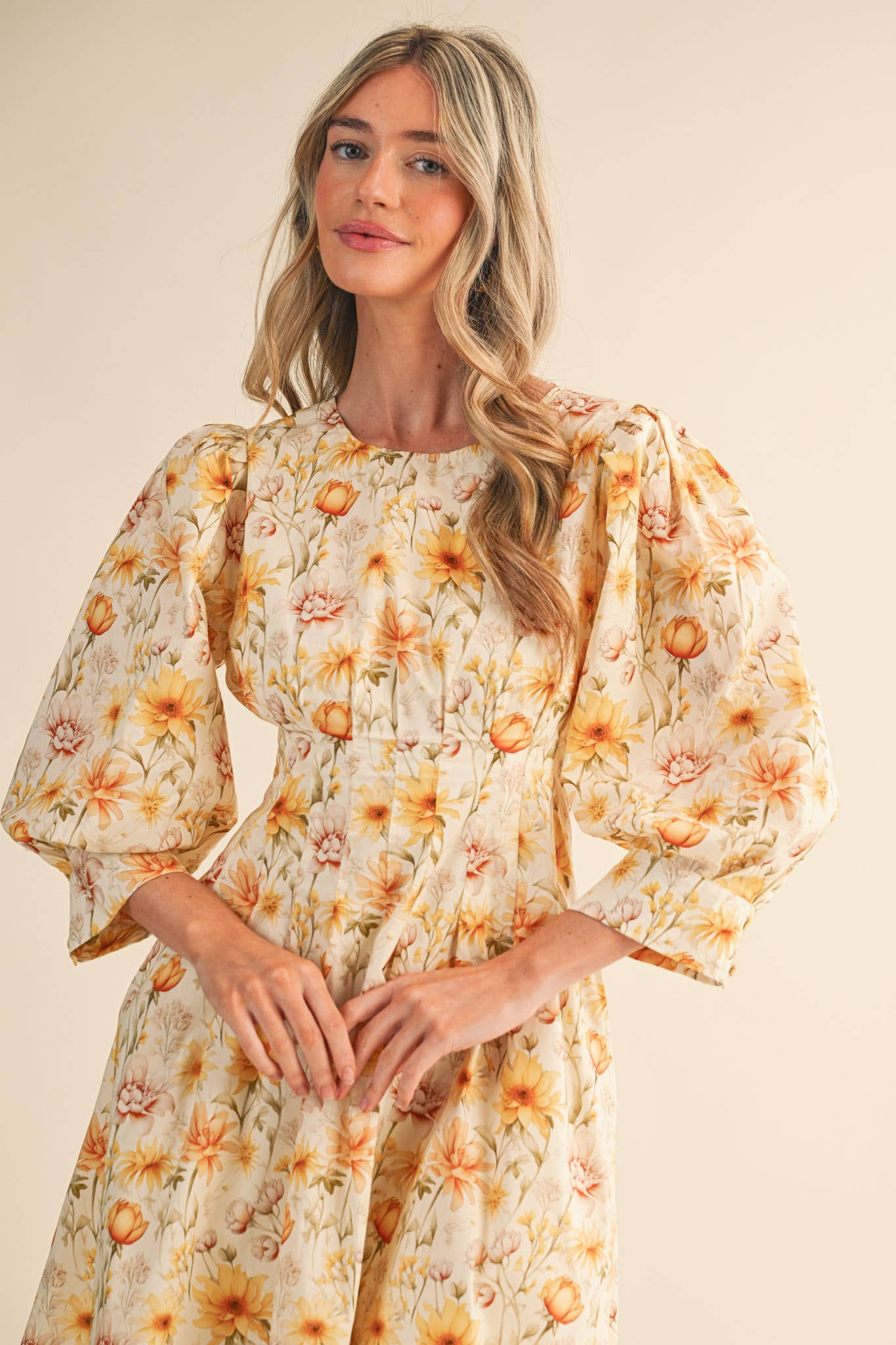 FLORAL PRINT PLEATED WAIST MIDI DRESS MDR4477