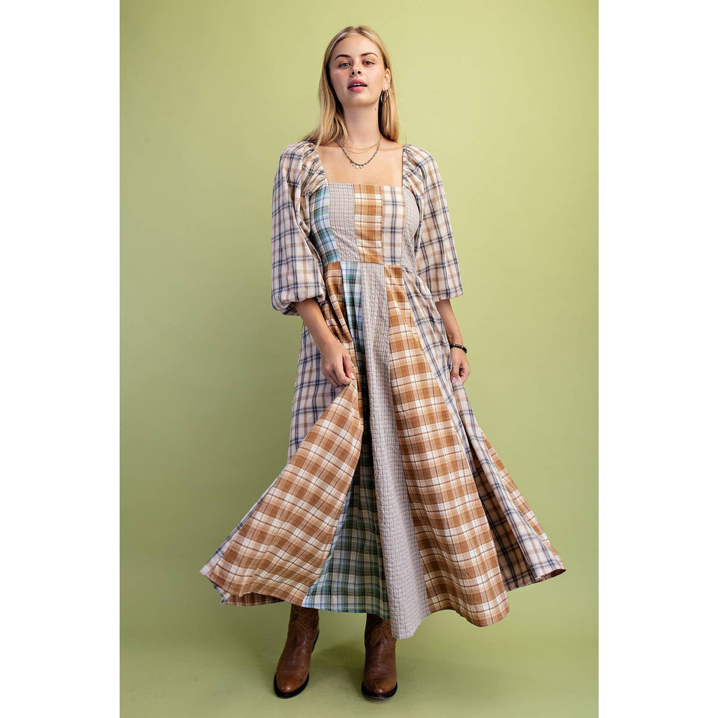 Western Mixed Plaid 3 Quarter Sleeve Midi Dress