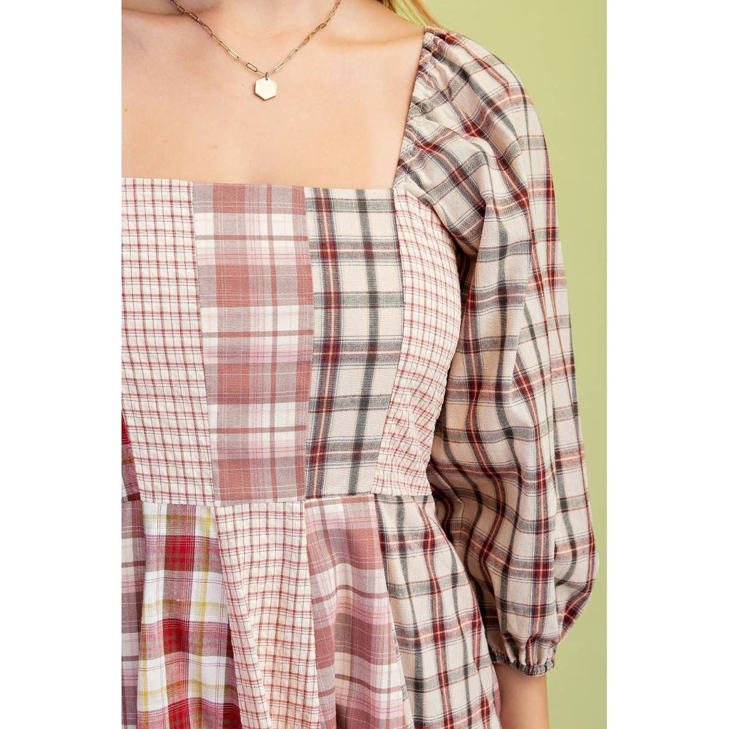 Western Mixed Plaid 3 Quarter Sleeve Midi Dress