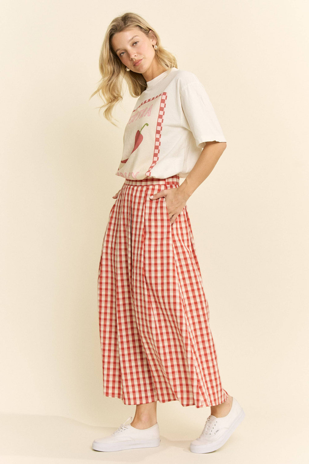 GINGHAM CHECK PLEATED MIDI SKIRT