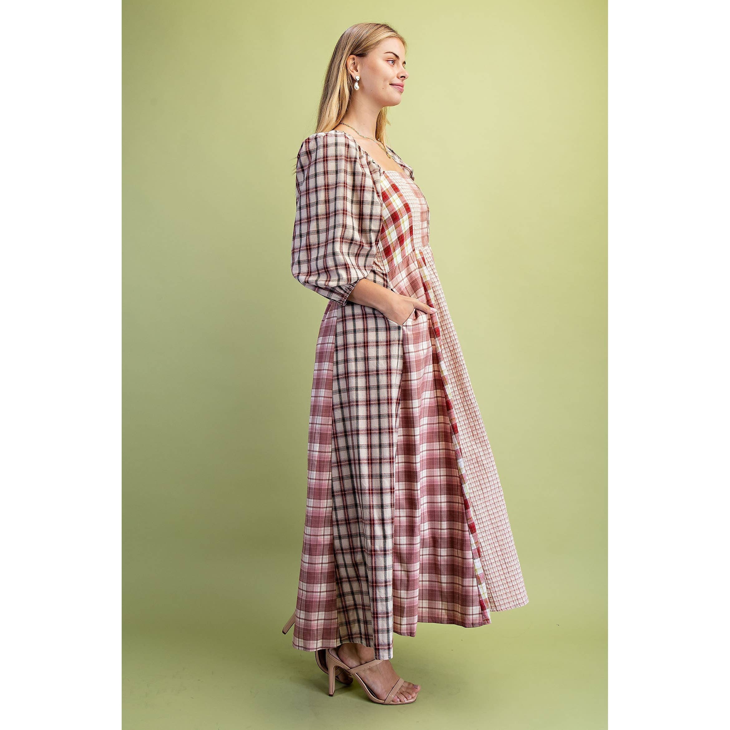 Western Mixed Plaid 3 Quarter Sleeve Midi Dress