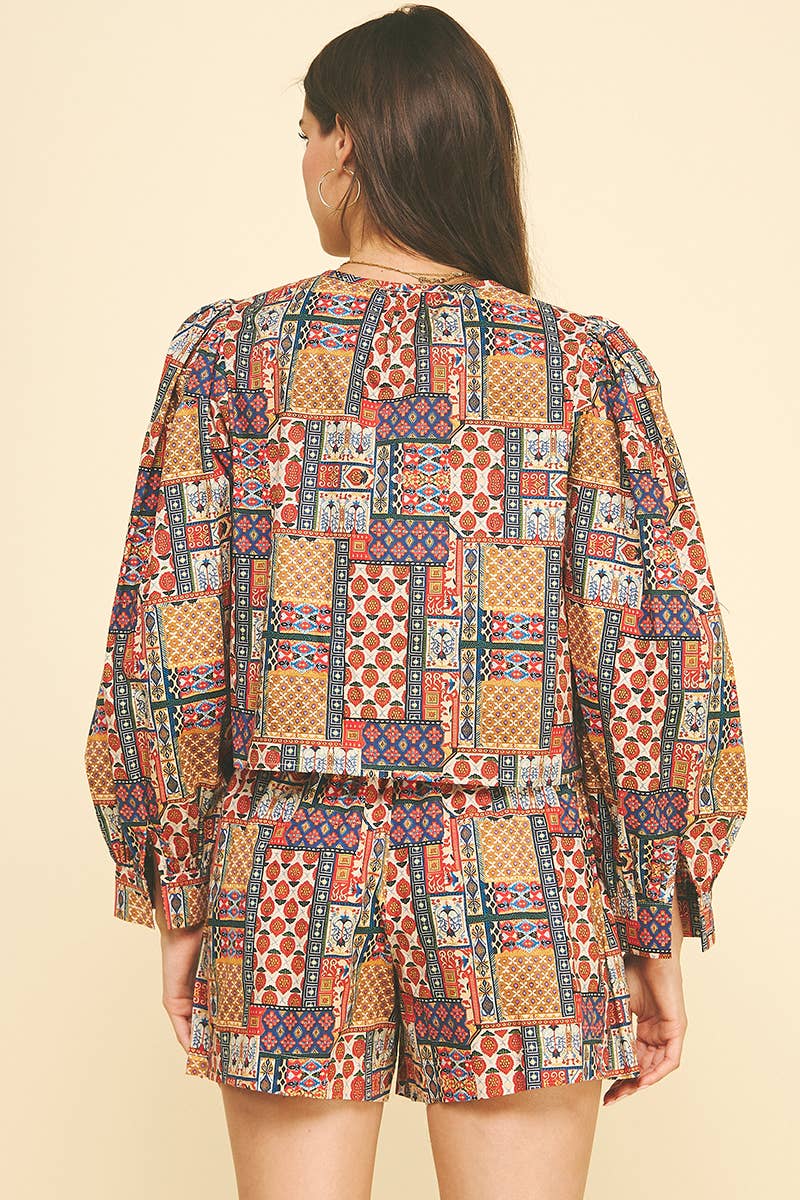 PATCHWORK PRINT TIE-DETAILED BLOUSE TOP - 6785TA