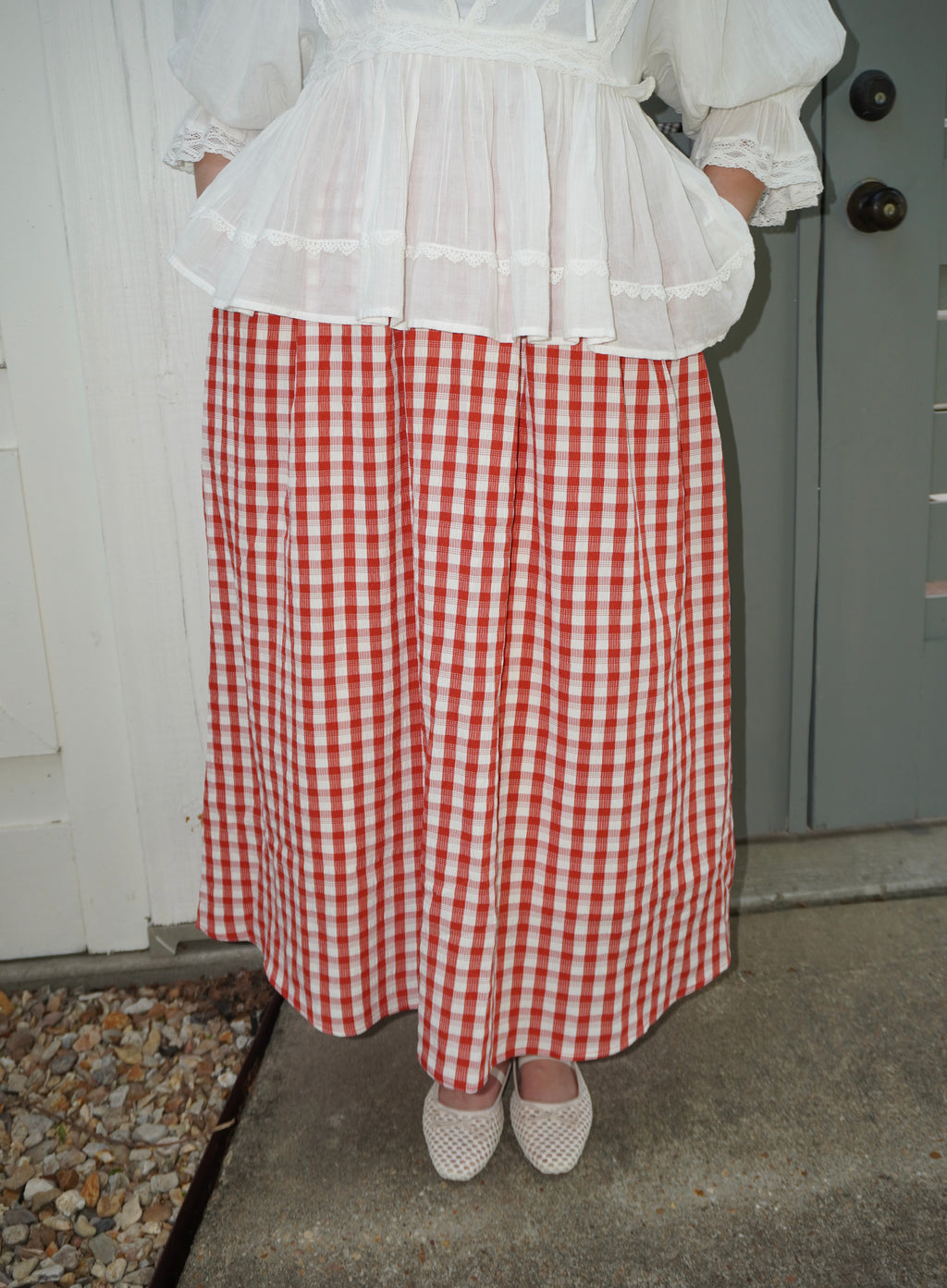 GINGHAM CHECK PLEATED MIDI SKIRT