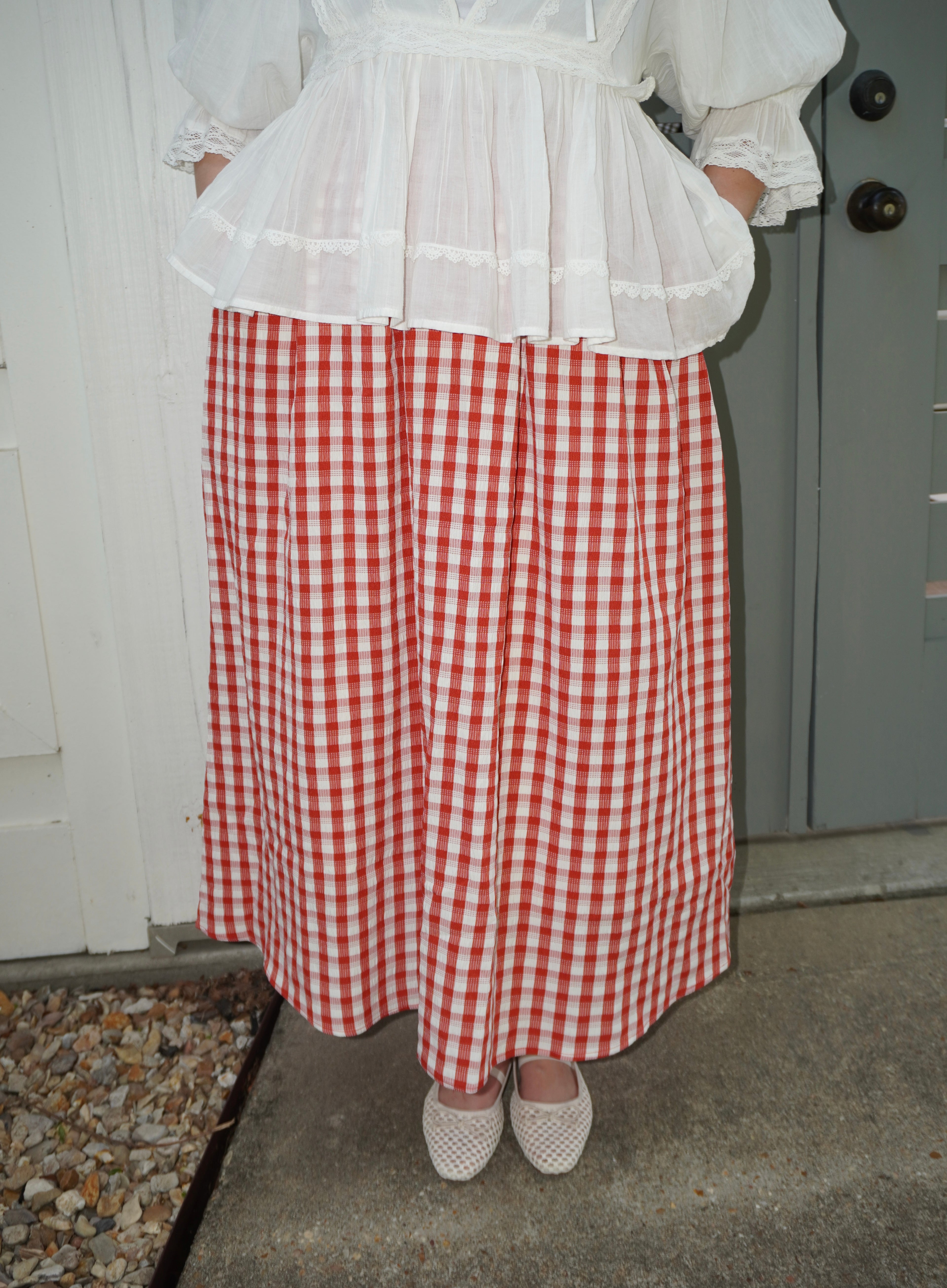 GINGHAM CHECK PLEATED MIDI SKIRT
