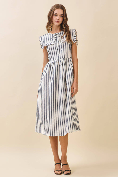 CD06036-Striped Ruffled Square Collar Front Tie Midi Dress