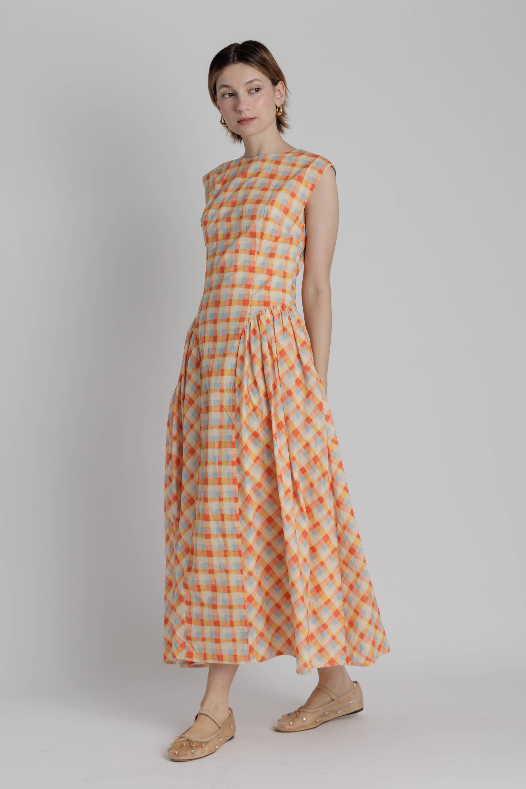 BASQUE WAIST PLAID MIDI DRESS