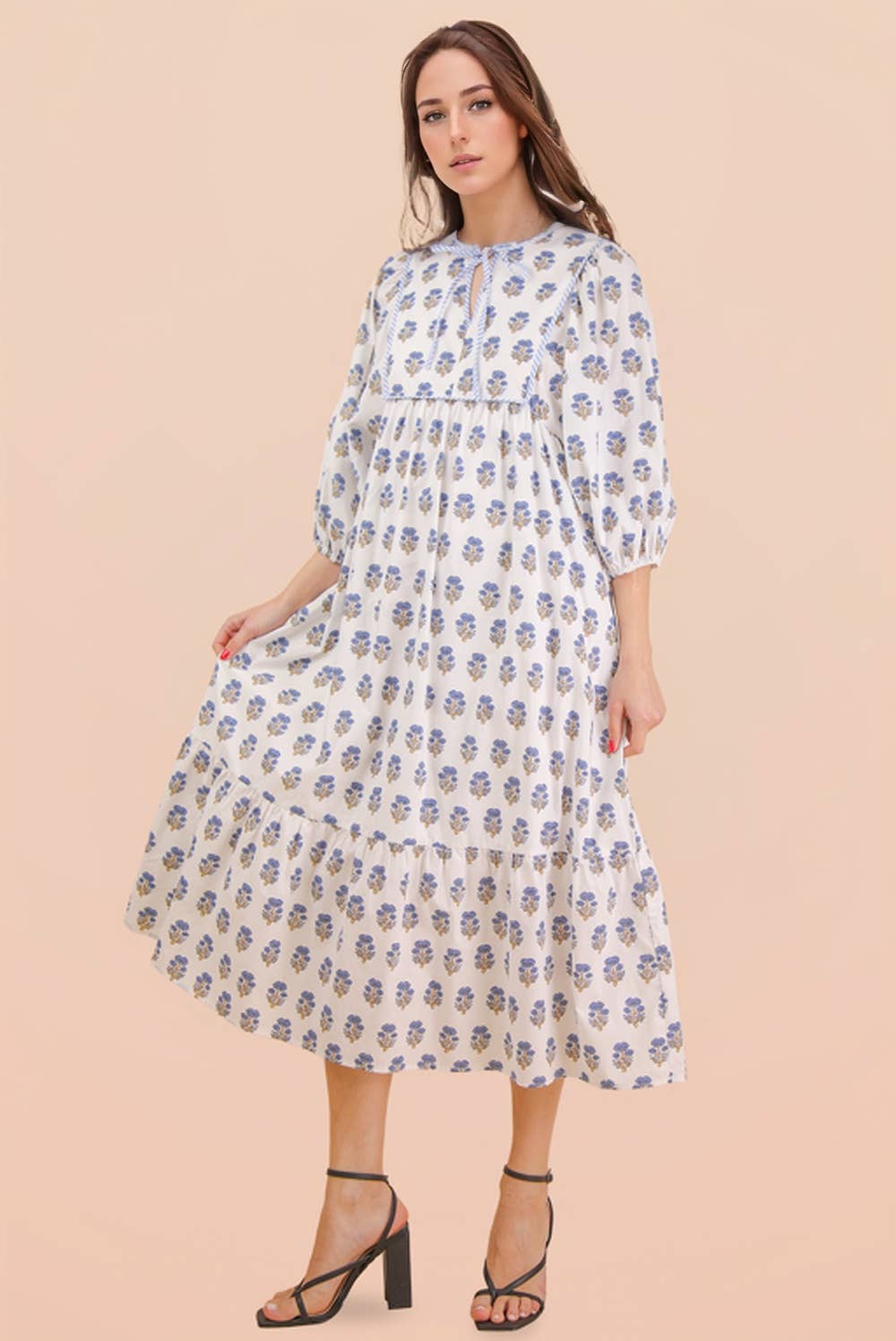 ND32007-Printed Half Sleeve Midi Dress