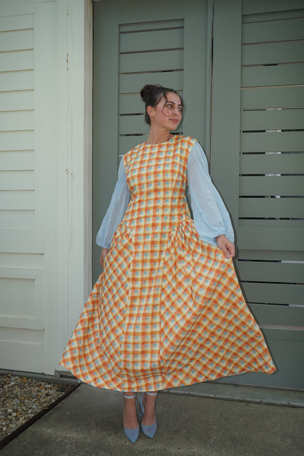 BASQUE WAIST PLAID MIDI DRESS