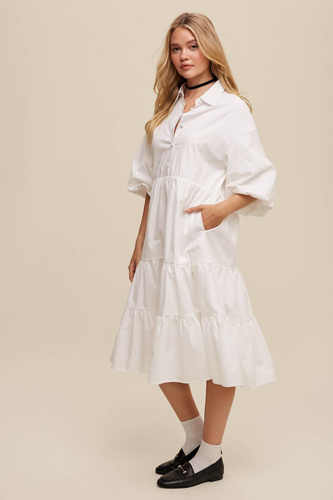 Tiered Poplin Shirt Dress