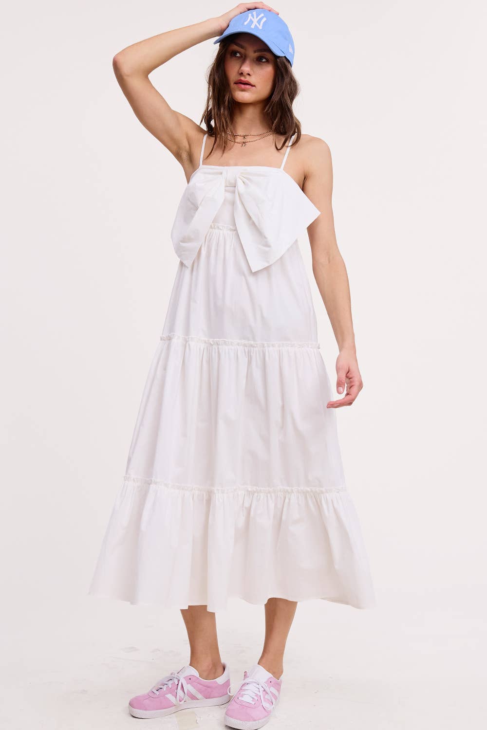 Front Bow Detail Poplin Midi Dress