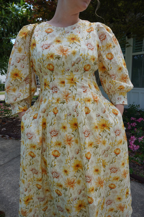 FLORAL PRINT PLEATED WAIST MIDI DRESS MDR4477