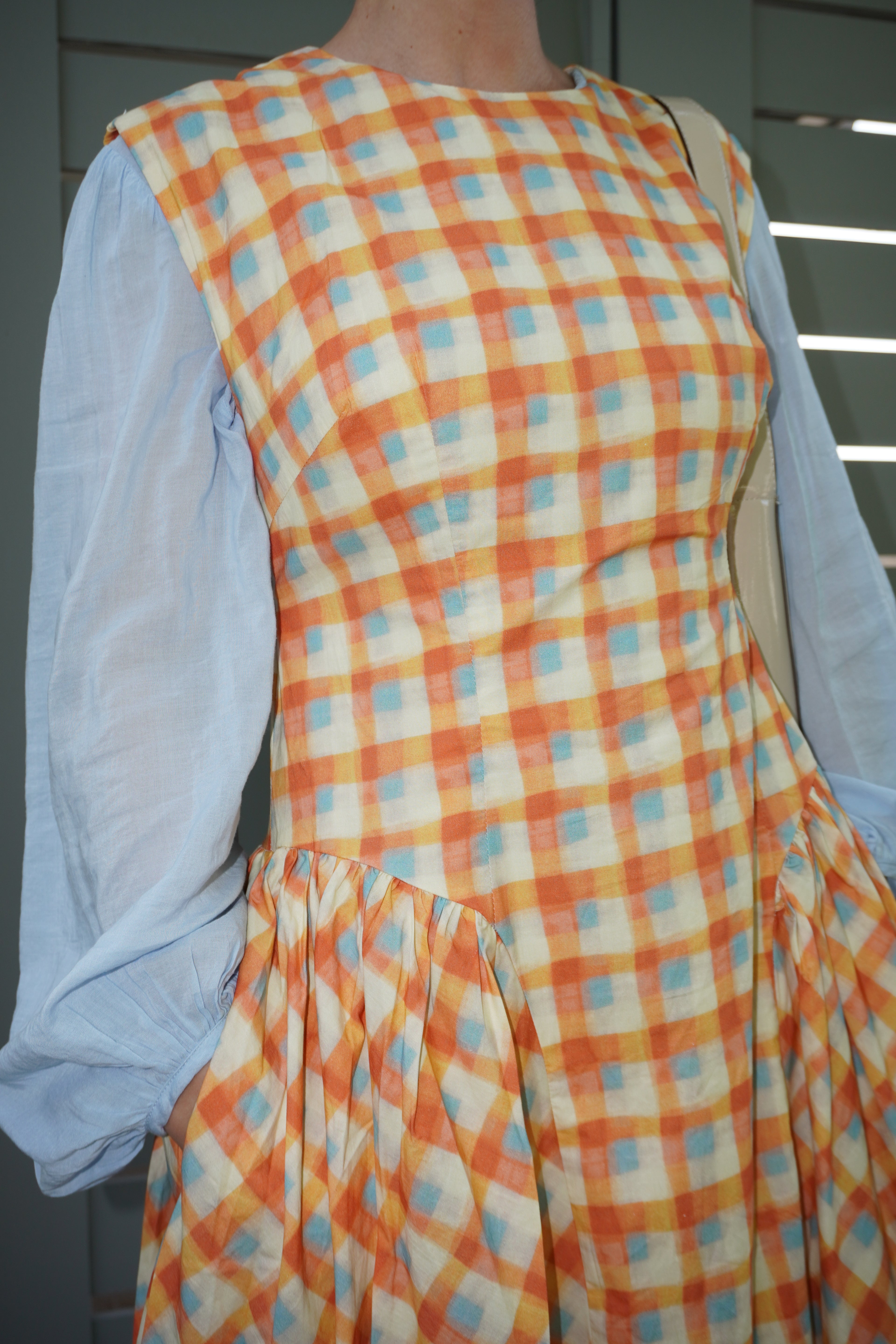 BASQUE WAIST PLAID MIDI DRESS