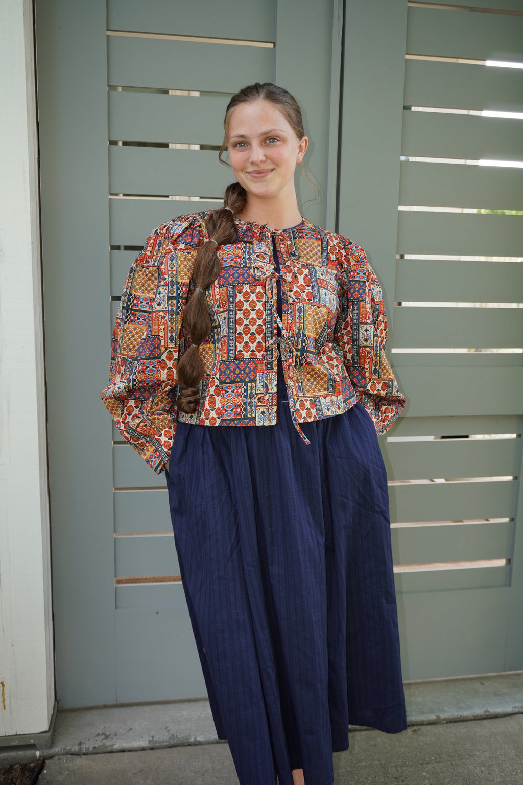 PATCHWORK PRINT TIE-DETAILED BLOUSE TOP - 6785TA