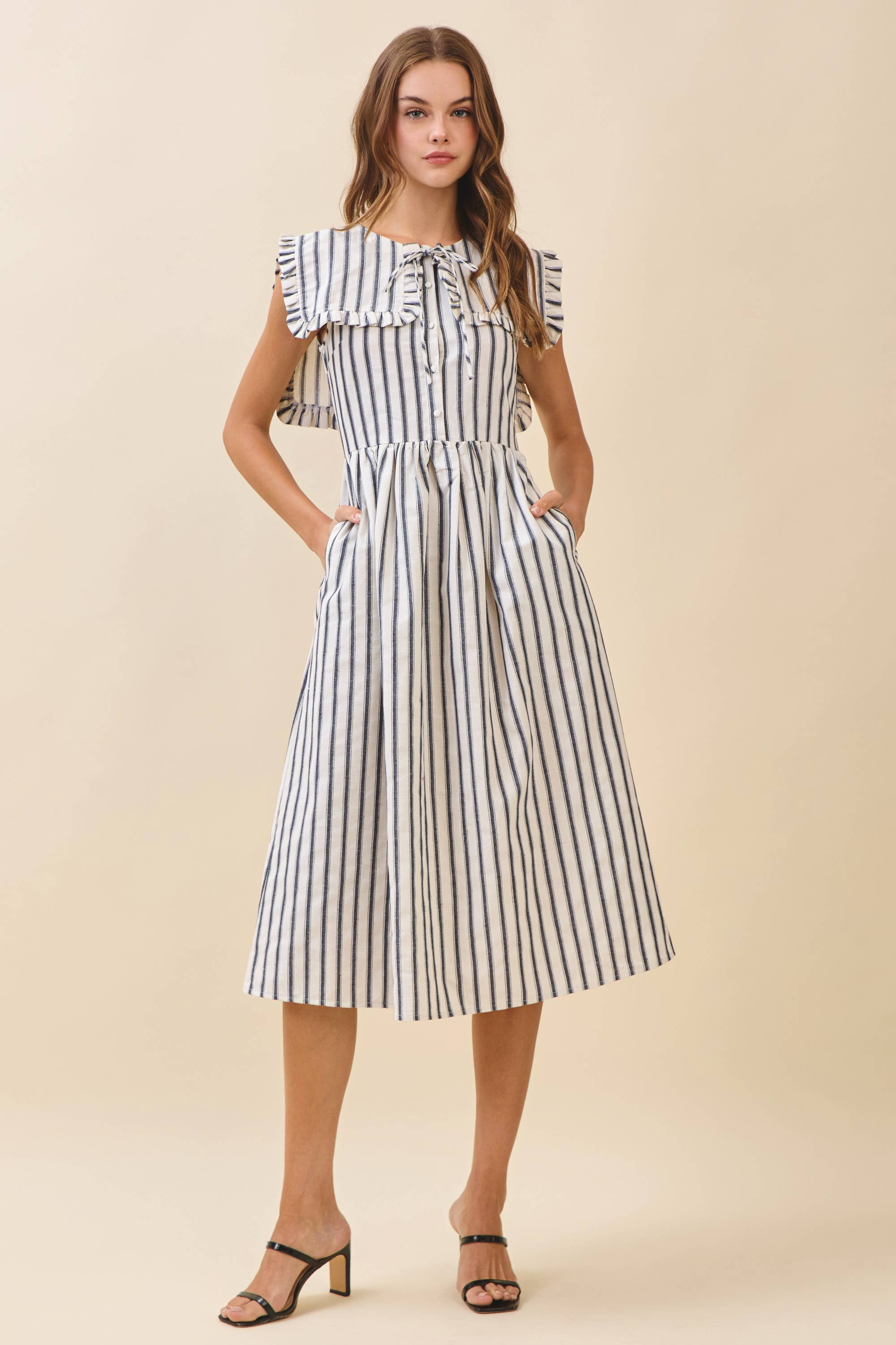 CD06036-Striped Ruffled Square Collar Front Tie Midi Dress