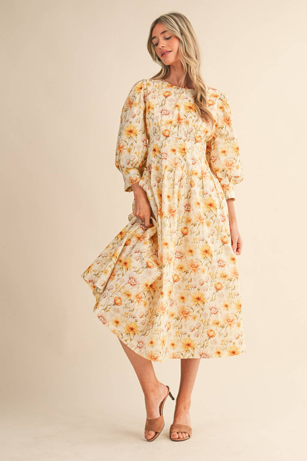 FLORAL PRINT PLEATED WAIST MIDI DRESS MDR4477