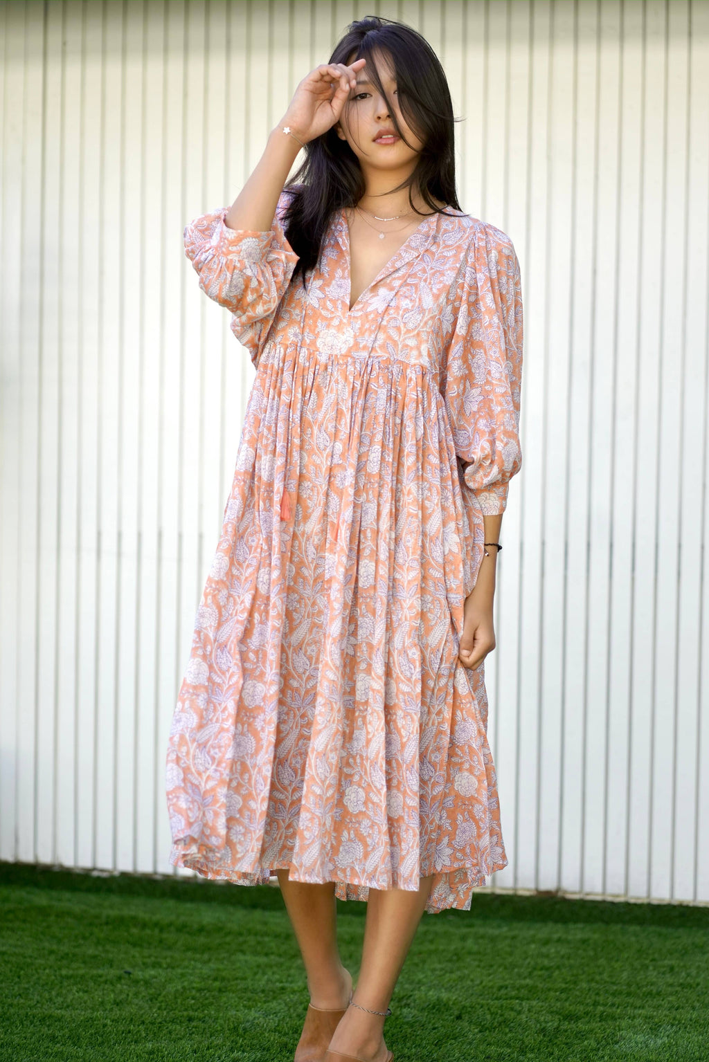 Mylah Midi Dress Block Printed Coral (Apricot)