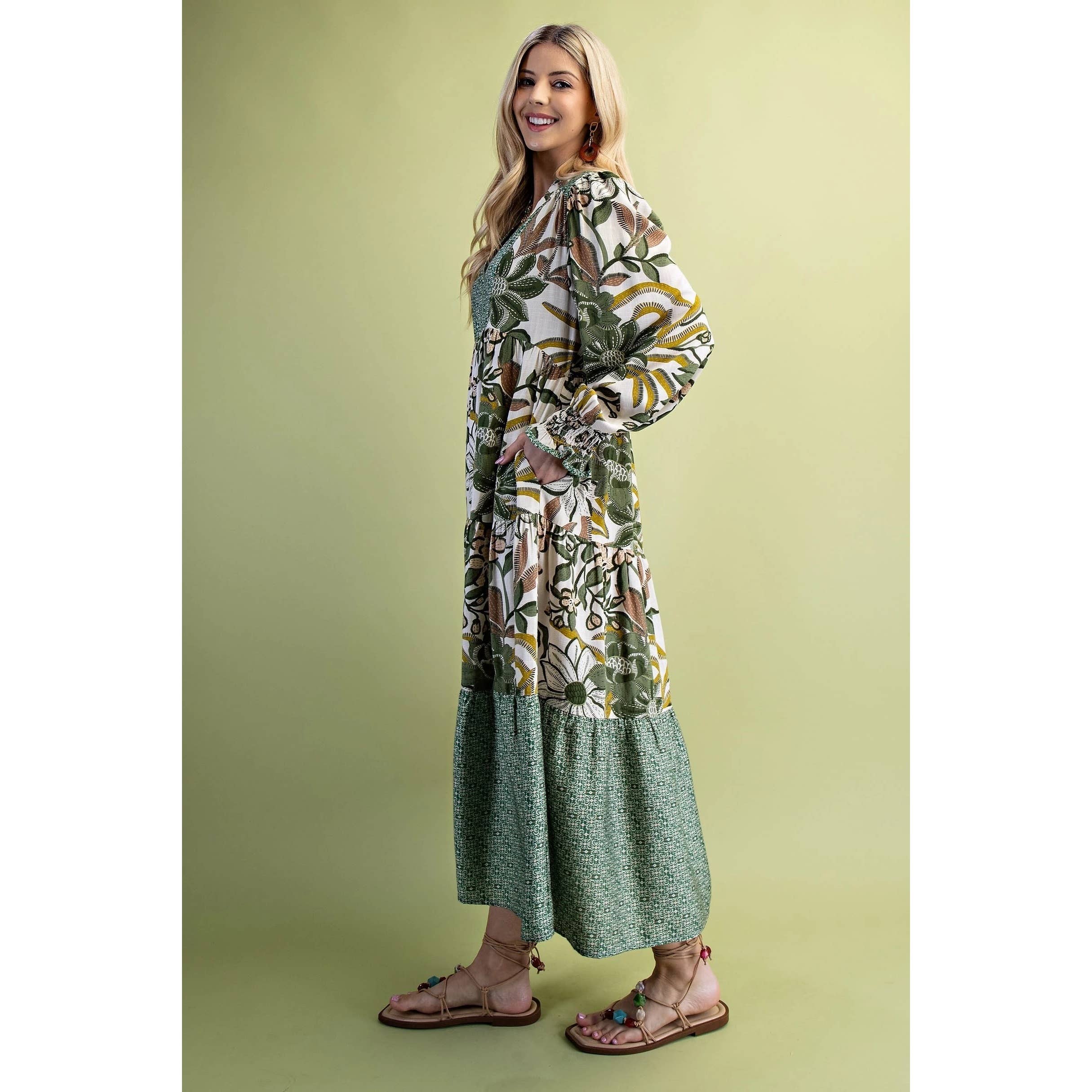 Mixed Print V-Neck Long Sleeve Tiered Midi Dress