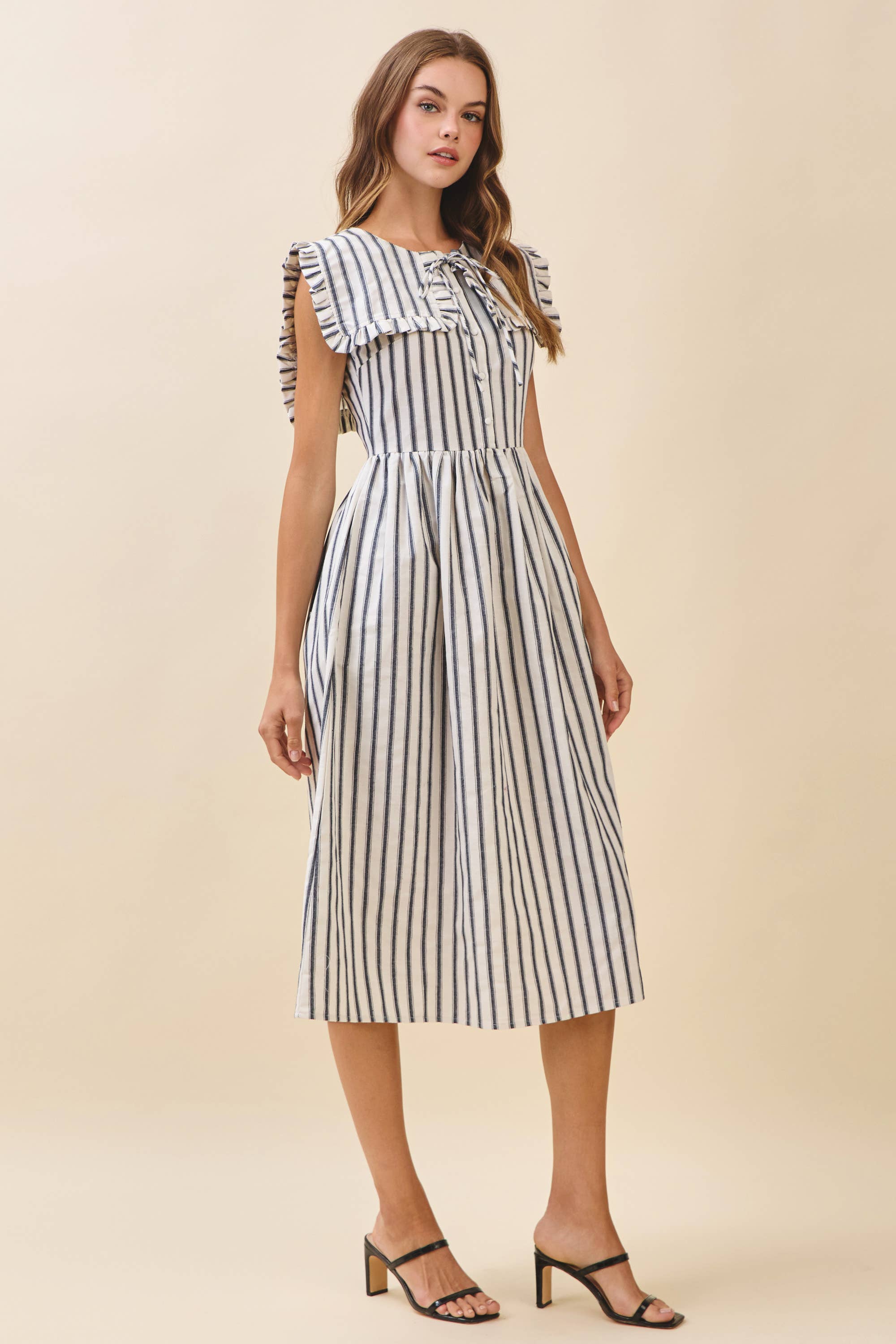 CD06036-Striped Ruffled Square Collar Front Tie Midi Dress