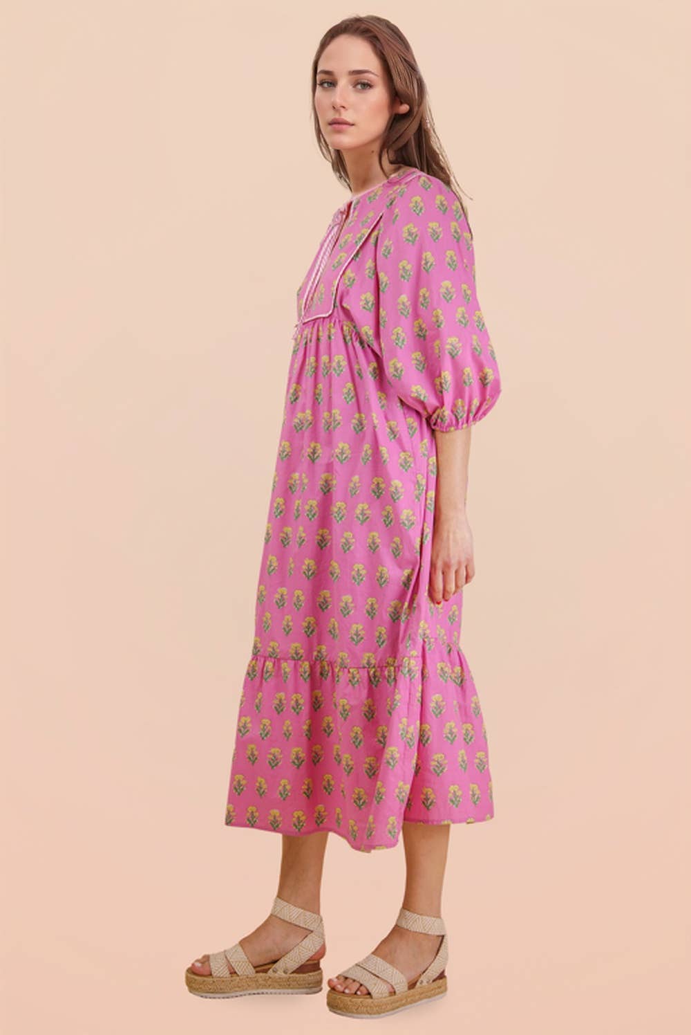 ND32007-Printed Half Sleeve Midi Dress