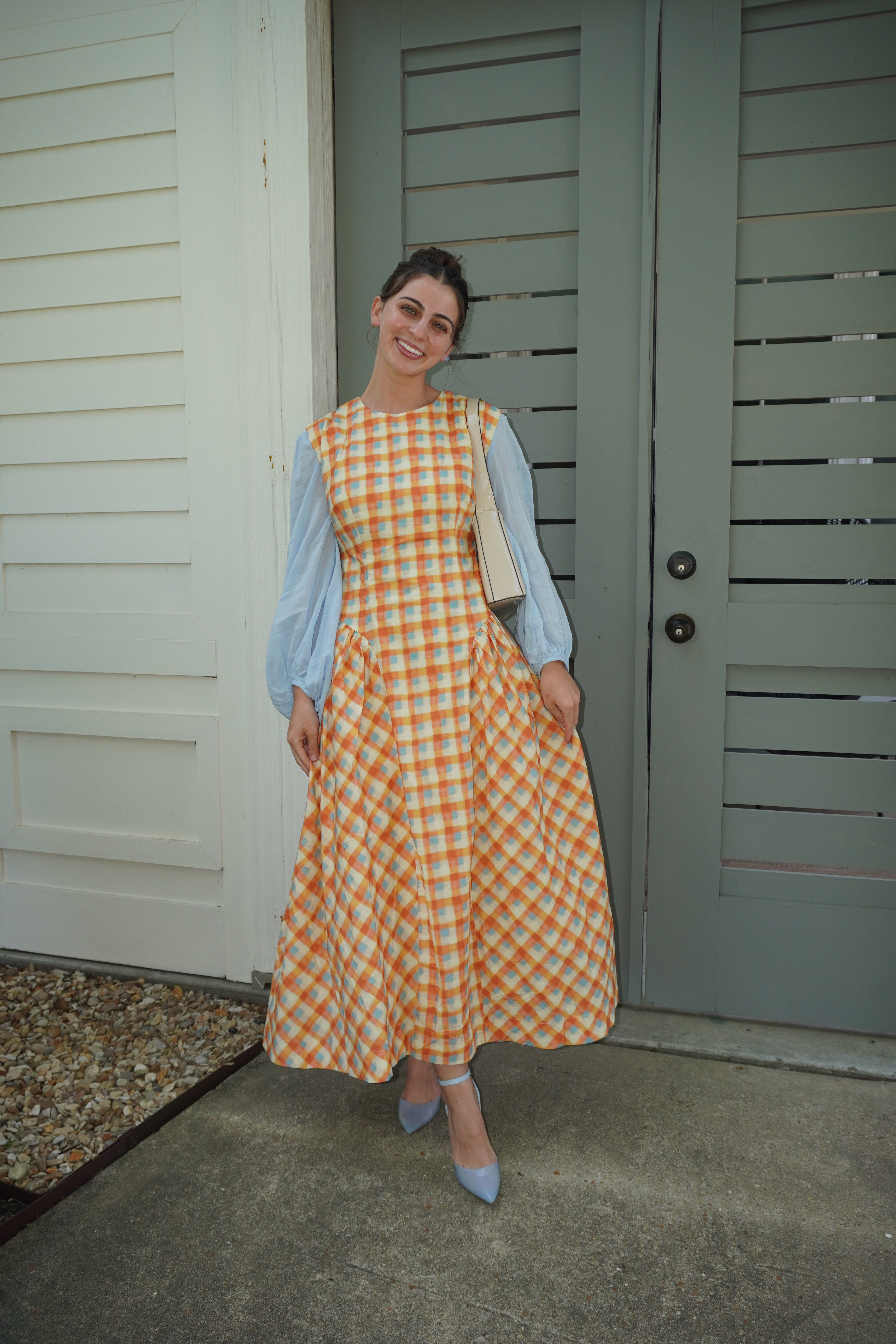 BASQUE WAIST PLAID MIDI DRESS