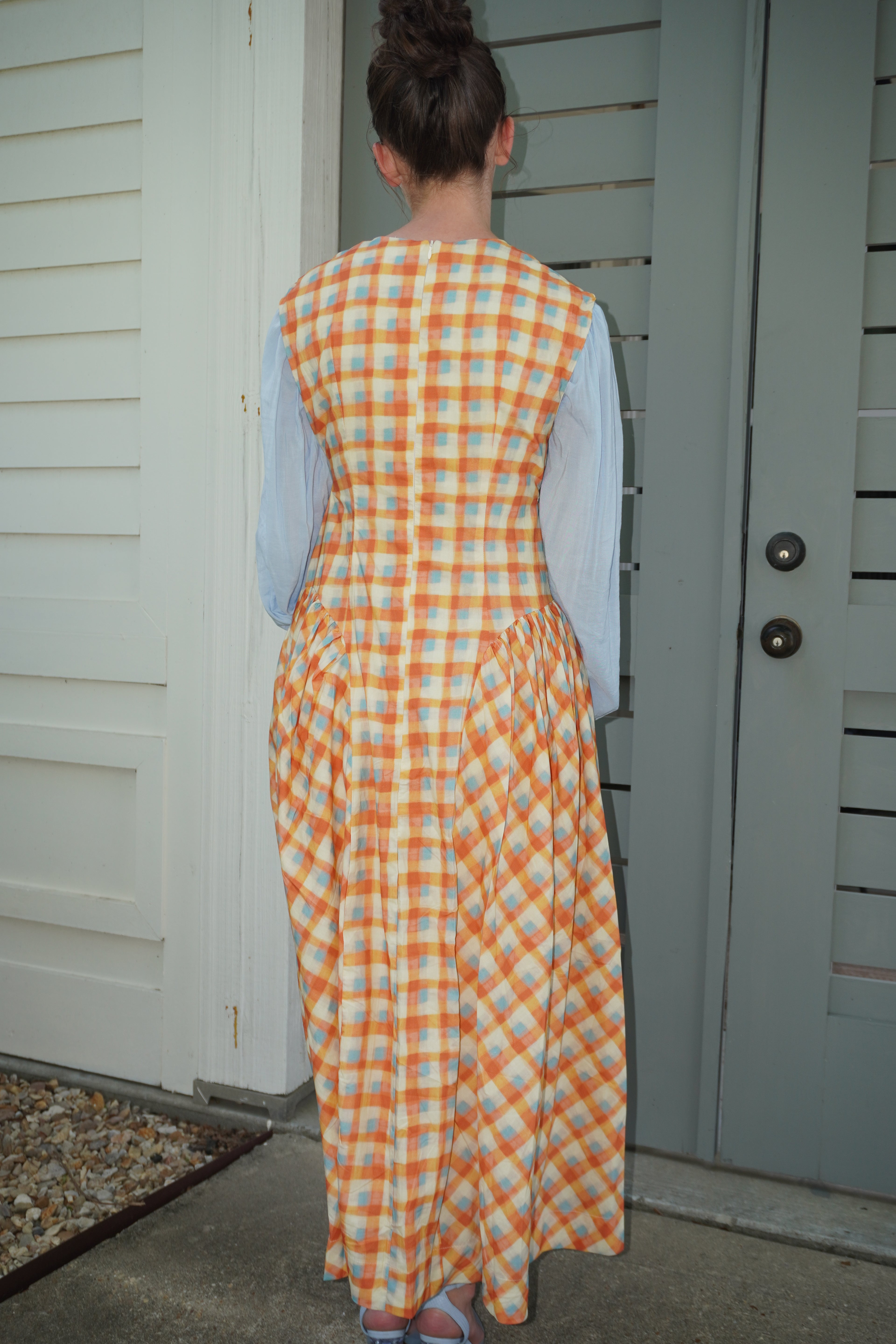 BASQUE WAIST PLAID MIDI DRESS