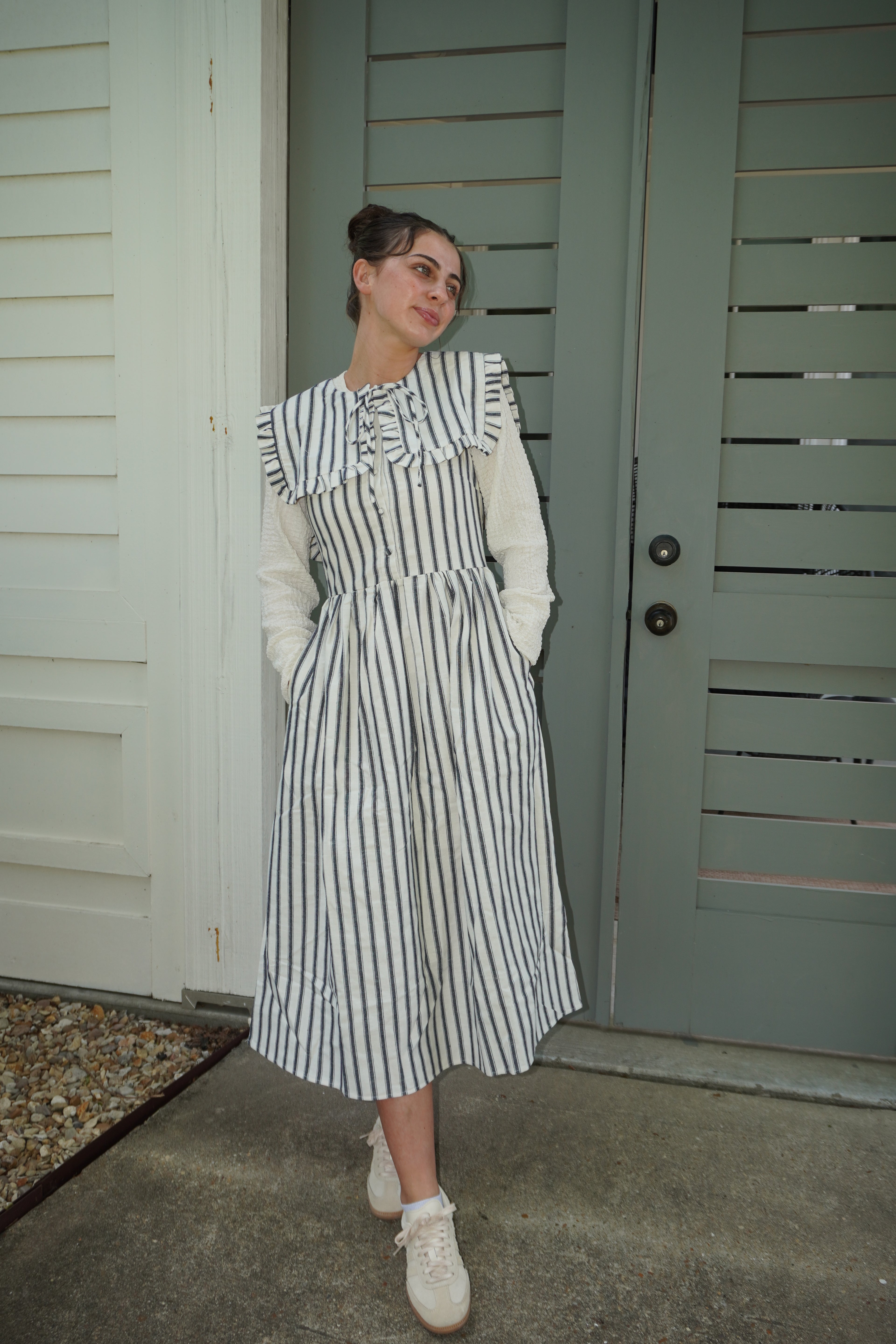 Striped Ruffled Square Collar Front Tie Midi Dress