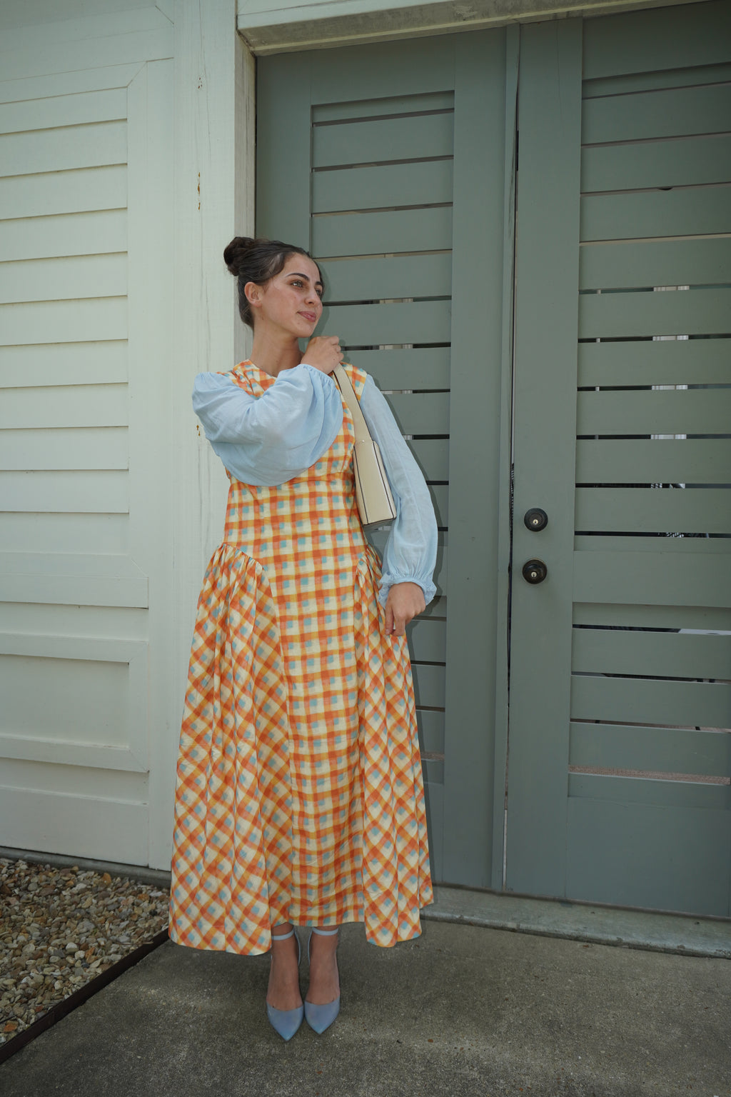 BASQUE WAIST PLAID MIDI DRESS