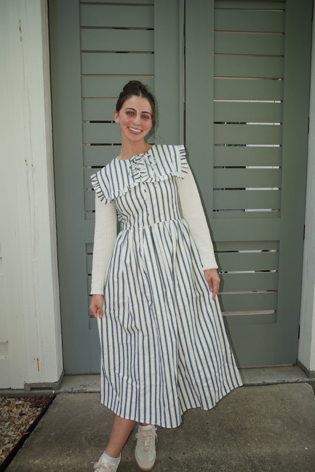 Striped Ruffled Square Collar Front Tie Midi Dress