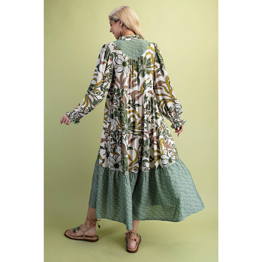 Mixed Print V-Neck Long Sleeve Tiered Midi Dress