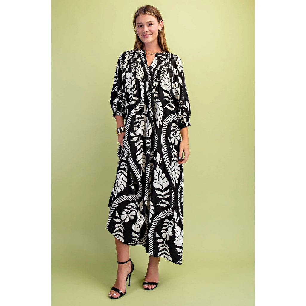 Printed Puff Half Sleeve Midi Dress